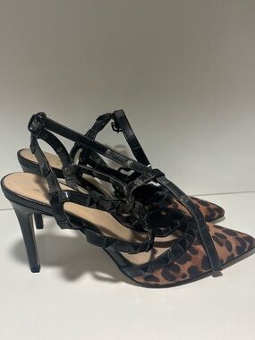Black Strappy Leopard Print Pointed-Toe Heels